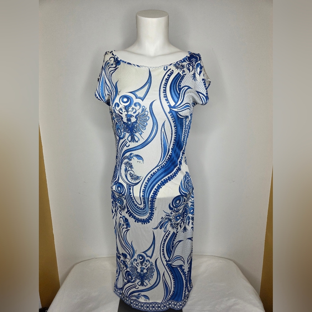 Emilio Pucci Size 6/36 White and Blue Swirl Midi Dress
